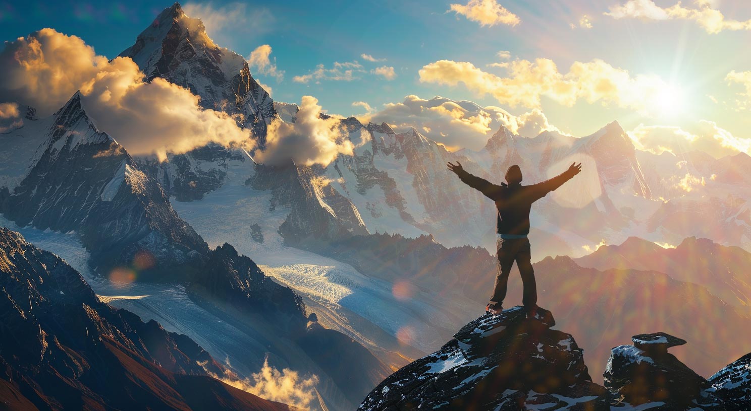 Mann steht auf dem Gipfel des Berges mit offenen Armen und feiert den Erfolg, Hintergrund Landschaft mit Schnee Berge und Himmel mit Sonnenlicht.